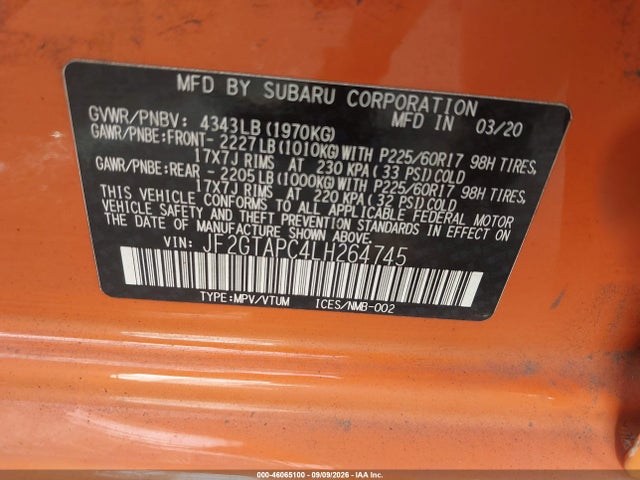 46065100 :رقم المزاد ، JF2GTAPC4LH264745 vin ، 2020 Subaru Crosstrek Premium مزاد بيع