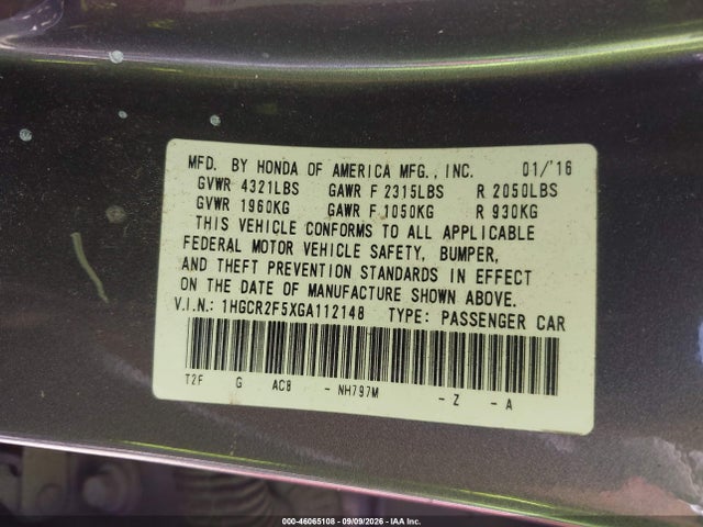 Aukcja sprzedaży 2016 Honda Accord Sport, vin: 1HGCR2F5XGA112148, numer aukcji: 46065108