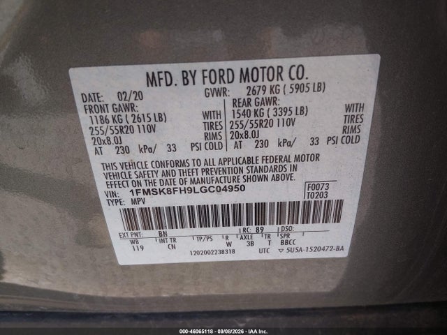 Продажа на аукционе авто 2020 Ford Explorer Limited, vin: 1FMSK8FH9LGC04950, номер лота: 46065118