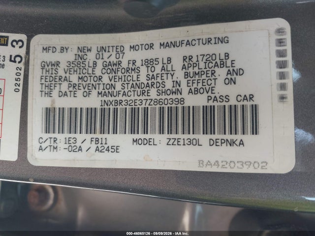 Продаж на аукціоні авто 2007 Toyota Corolla Le, vin: 1NXBR32E37Z860398, номер лоту: 46065126