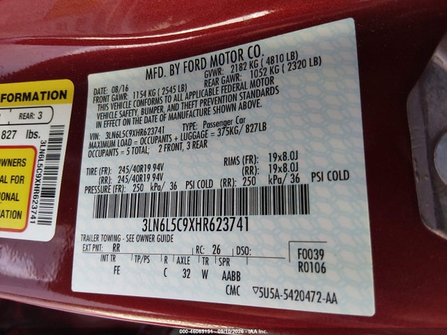 46065131 :رقم المزاد ، 3LN6L5C9XHR623741 vin ، 2017 Lincoln Mkz Select مزاد بيع