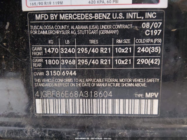 Aukcja sprzedaży 2008 Mercedes-benz Gl 550 4matic, vin: 4JGBF86E68A318604, numer aukcji: 46065138