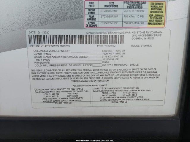 Продажа на аукционе авто 2020 Keystone Rv Voltage 3615 Toy Hauler 5th Whl Travel Trailer, vin: 4YDF36126LZ990783, номер лота: 46065143