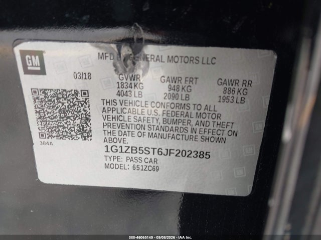 2018 Chevrolet Malibu 1ls მანქანა იყიდება აუქციონზე, vin: 1G1ZB5ST6JF202385, აუქციონის ნომერი: 46065149