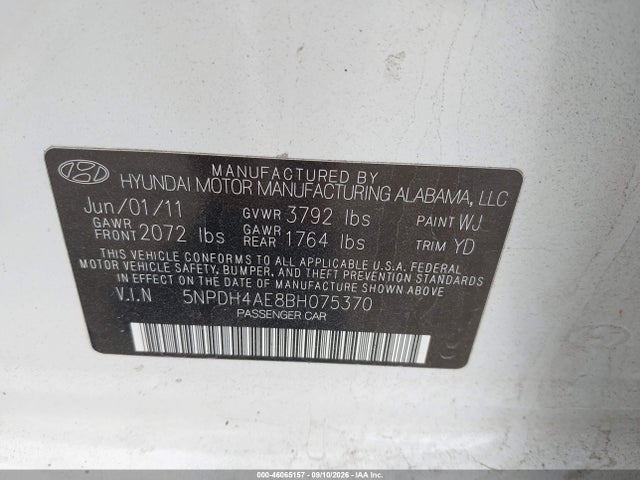 46065157 :رقم المزاد ، 5NPDH4AE8BH075370 vin ، 2011 Hyundai Elantra Limited مزاد بيع