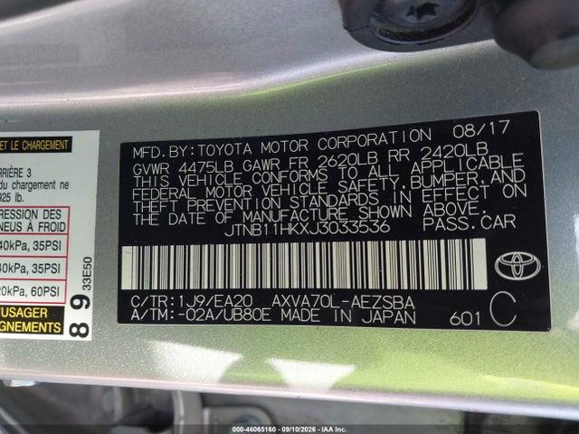 46065160 :رقم المزاد ، JTNB11HKXJ3033536 vin ، 2018 Toyota Camry Se مزاد بيع