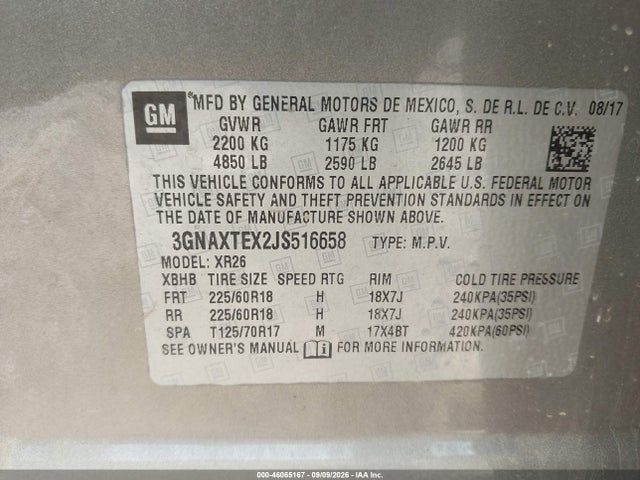 46065167 :رقم المزاد ، 3GNAXTEX2JS516658 vin ، 2018 Chevrolet Equinox Lt مزاد بيع