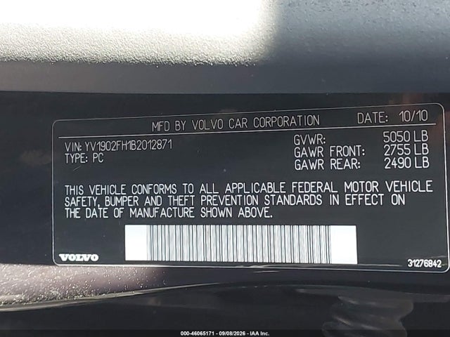 2011 Volvo S60 T6 მანქანა იყიდება აუქციონზე, vin: YV1902FH1B2012871, აუქციონის ნომერი: 46065171