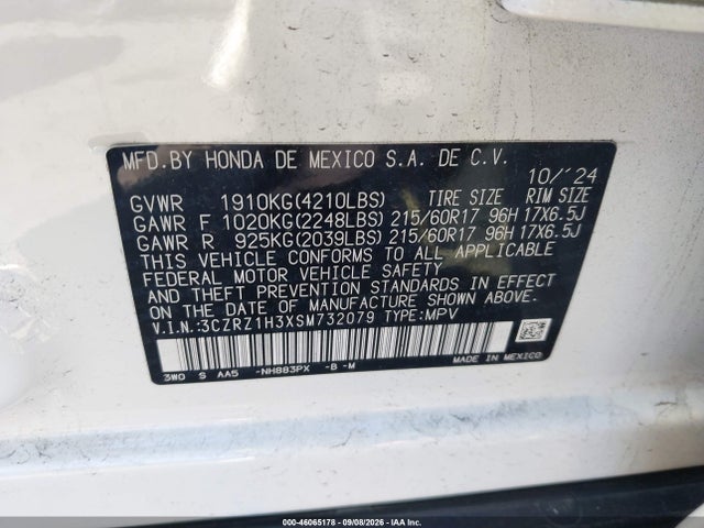 46065178 :رقم المزاد ، 3CZRZ1H3XSM732079 vin ، 2025 Honda Hr-v 2wd Lx مزاد بيع