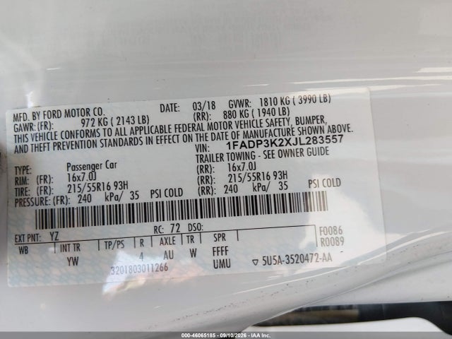 2018 Ford Focus Se მანქანა იყიდება აუქციონზე, vin: 1FADP3K2XJL283557, აუქციონის ნომერი: 46065185