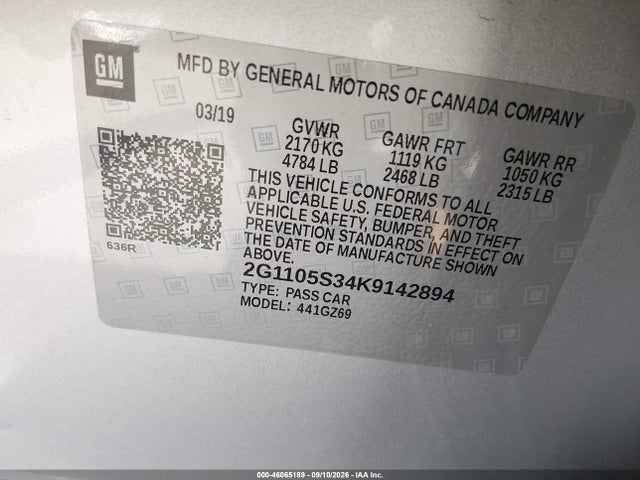 Aukcja sprzedaży 2019 Chevrolet Impala Premier, vin: 2G1105S34K9142894, numer aukcji: 46065189