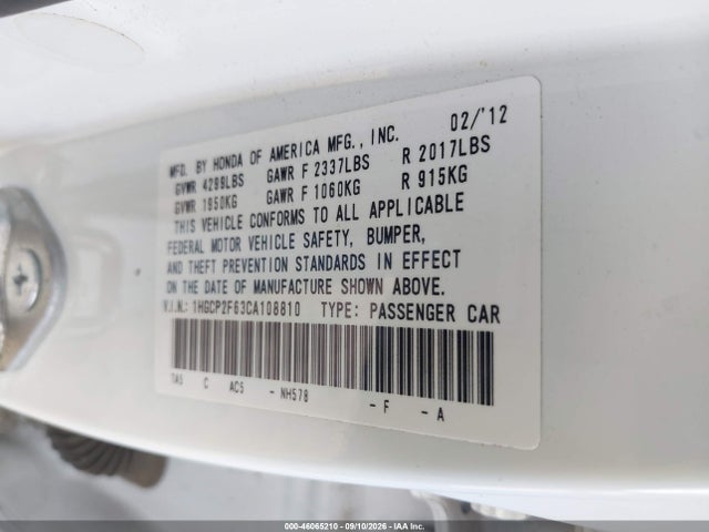 2012 Honda Accord 2.4 Se მანქანა იყიდება აუქციონზე, vin: 1HGCP2F63CA108810, აუქციონის ნომერი: 46065210