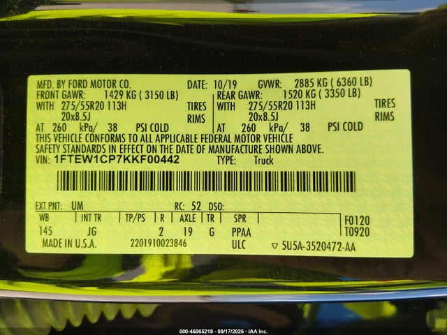 Продажа на аукционе авто 2019 Ford F-150 Xl, vin: 1FTEW1CP7KKF00442, номер лота: 46065219