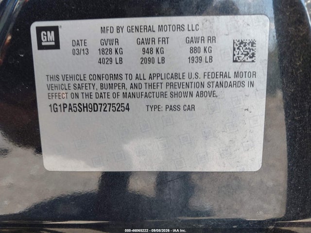 46065222 :رقم المزاد ، 1G1PA5SH9D7275254 vin ، 2013 Chevrolet Cruze Ls Auto مزاد بيع
