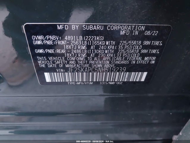 2022 Subaru Forester Limited მანქანა იყიდება აუქციონზე, vin: JF2SKAPC5NH519239, აუქციონის ნომერი: 46065229
