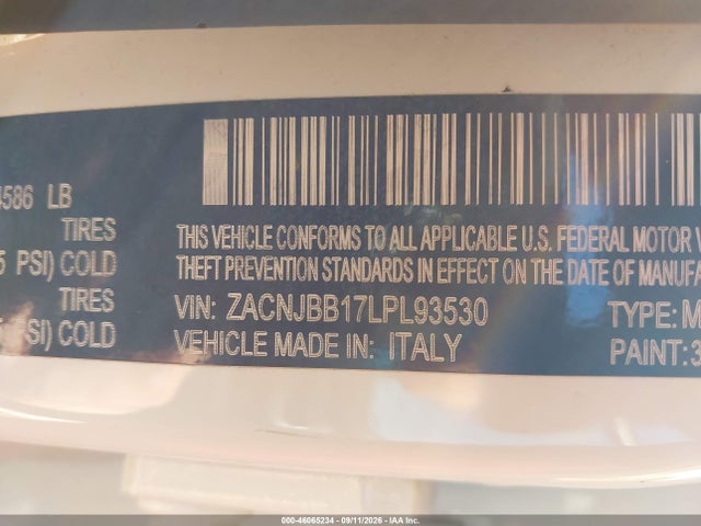 46065234 :رقم المزاد ، ZACNJBB17LPL93530 vin ، 2020 Jeep Renegade High Altitude 4x4 مزاد بيع