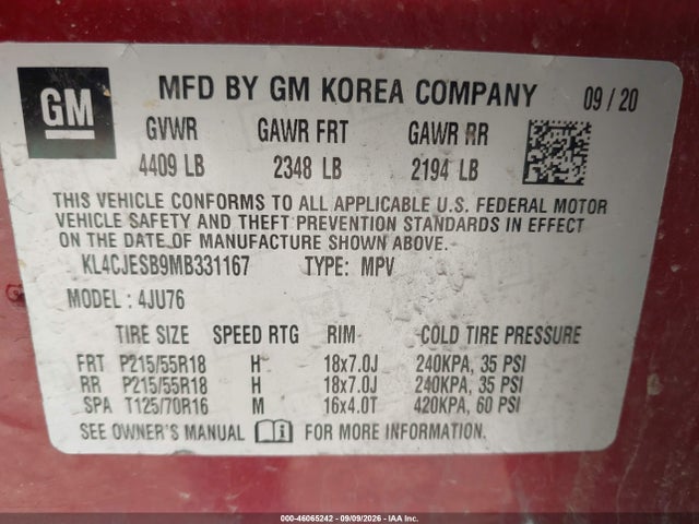 46065242 :رقم المزاد ، KL4CJESB9MB331167 vin ، 2021 Buick Encore Awd Preferred مزاد بيع