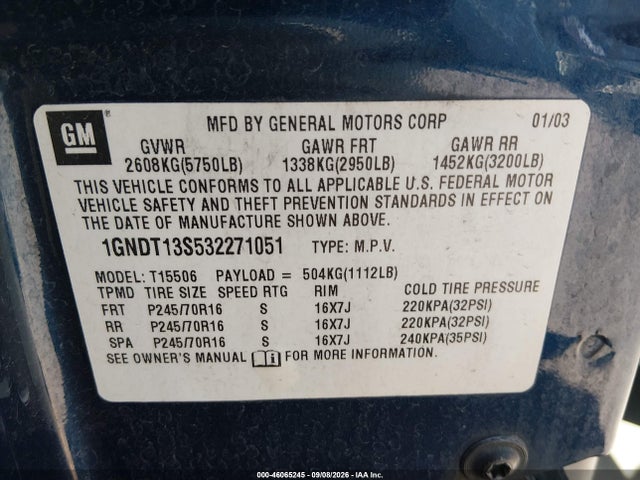 46065245 :رقم المزاد ، 1GNDT13S532271051 vin ، 2003 Chevrolet Trailblazer Lt مزاد بيع