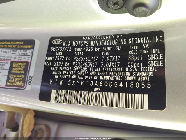 Aukcja sprzedaży 2013 Kia Sorento Lx, vin: 5XYKT3A60DG413055, numer aukcji: 46065246