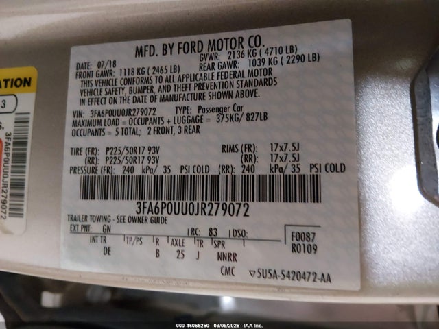 Продажа на аукционе авто 2018 Ford Fusion Hybrid S, vin: 3FA6P0UU0JR279072, номер лота: 46065250