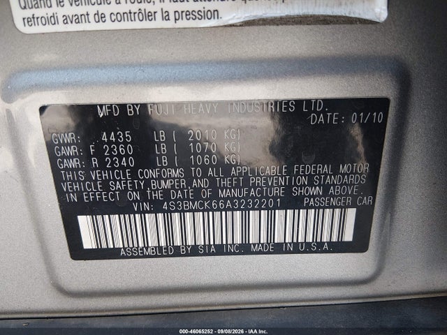 46065252 :رقم المزاد ، 4S3BMCK66A3232201 vin ، 2010 Subaru Legacy 2.5i Limited مزاد بيع