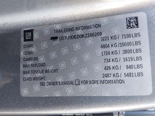 Aukcja sprzedaży 2019 Gmc Sierra 1500 Slt, vin: 1GTU9DED0KZ266269, numer aukcji: 46065261