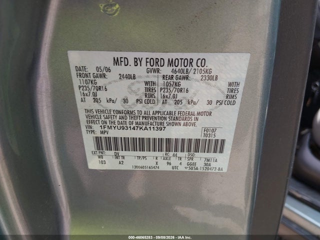 46065283 :رقم المزاد ، 1FMYU93147KA11397 vin ، 2007 Ford Escape Xlt/xlt Sport مزاد بيع