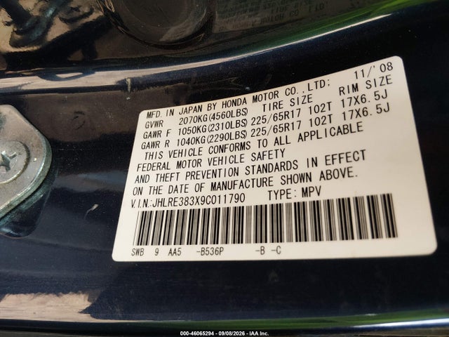 46065294 :رقم المزاد ، JHLRE383X9C011790 vin ، 2009 Honda Cr-v Lx مزاد بيع