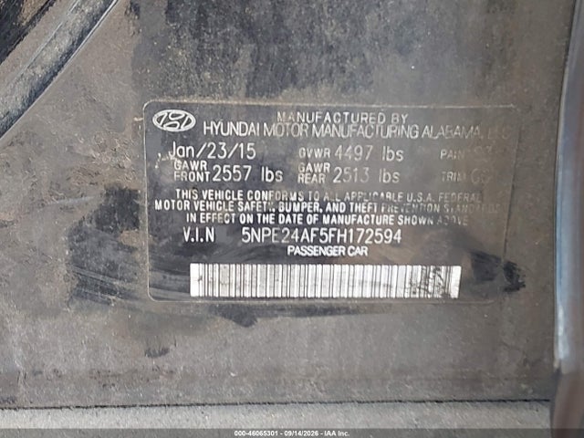 2015 Hyundai Sonata Se მანქანა იყიდება აუქციონზე, vin: 5NPE24AF5FH172594, აუქციონის ნომერი: 46065301