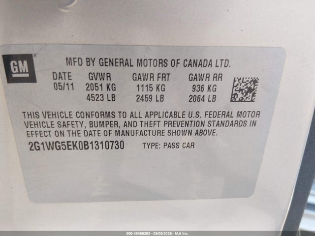 Aukcja sprzedaży 2011 Chevrolet Impala Lt, vin: 2G1WG5EK0B1310730, numer aukcji: 46065303