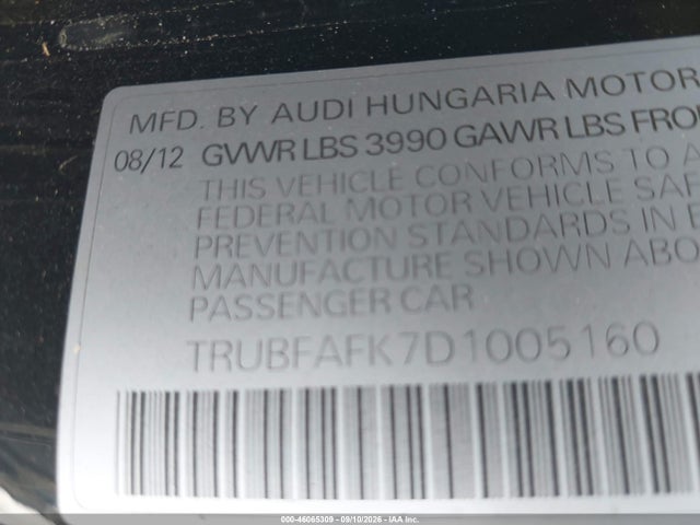 Aukcja sprzedaży 2013 Audi Tt 2.0t Premium Plus, vin: TRUBFAFK7D1005160, numer aukcji: 46065309