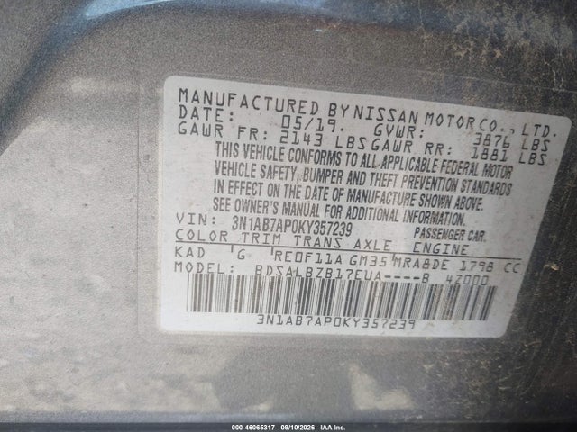 Auction sale of the 2019 Nissan Sentra S, vin: 3N1AB7AP0KY357239, lot number: 46065317