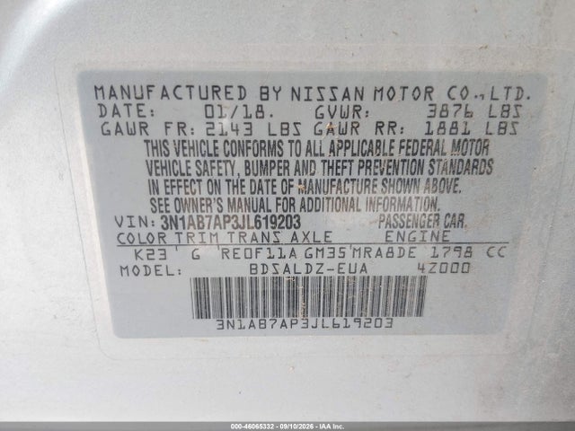 3N1AB7AP3JL619203 Nissan SENTRA SV