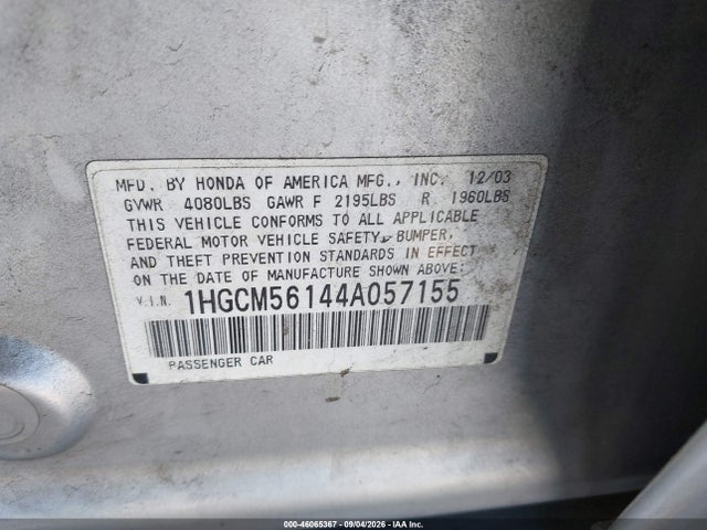 Aukcja sprzedaży 2004 Honda Accord 2.4 Dx, vin: 1HGCM56144A057155, numer aukcji: 46065367