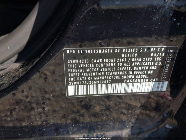 2016 Volkswagen Jetta 1.8t Sport მანქანა იყიდება აუქციონზე, vin: 3VWB17AJ2GM392067, აუქციონის ნომერი: 46065369