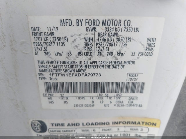 Aukcja sprzedaży 2013 Ford F-150 Xlt, vin: 1FTFW1EFXDFA79773, numer aukcji: 46065374