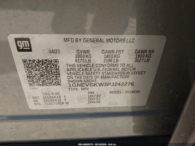 1GNEVGKW3PJ242276 Chevrolet Traverse Awd Lt Cloth