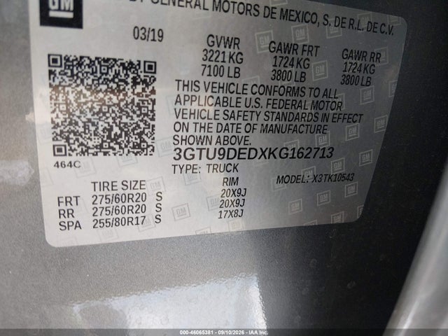 Aukcja sprzedaży 2019 Gmc Sierra 1500 Slt, vin: 3GTU9DEDXKG162713, numer aukcji: 46065381