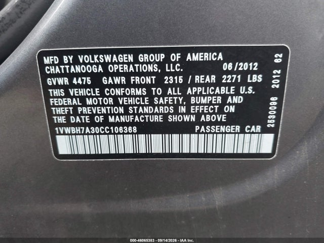 2012 Volkswagen Passat 2.5l Se მანქანა იყიდება აუქციონზე, vin: 1VWBH7A30CC106368, აუქციონის ნომერი: 46065383