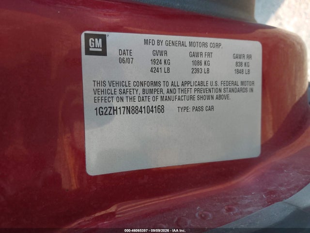 2008 Pontiac G6 Gt მანქანა იყიდება აუქციონზე, vin: 1G2ZH17N884104168, აუქციონის ნომერი: 46065397