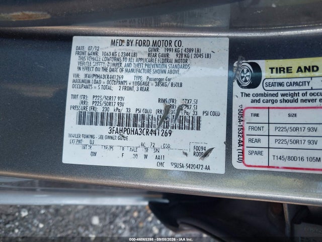 Auction sale of the 2012 Ford Fusion Se, vin: 3FAHP0HA3CR441269, lot number: 46065398