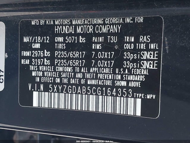Продаж на аукціоні авто 2012 Hyundai Santa Fe Gls, vin: 5XYZGDAB5CG164353, номер лоту: 46065401