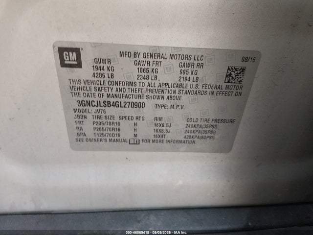 Aukcja sprzedaży 2016 Chevrolet Trax Lt, vin: 3GNCJLSB4GL270900, numer aukcji: 46065418