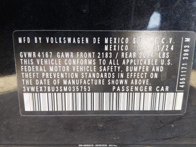 2025 Volkswagen Jetta 1.5t Se მანქანა იყიდება აუქციონზე, vin: 3VWEX7BU3SM035753, აუქციონის ნომერი: 46065419