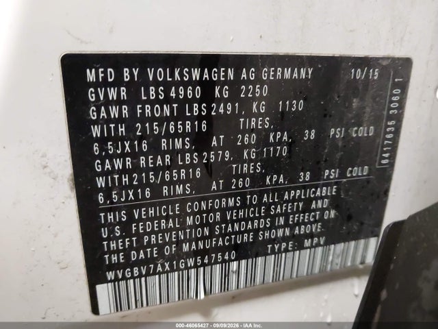 2016 Volkswagen Tiguan S მანქანა იყიდება აუქციონზე, vin: WVGBV7AX1GW547540, აუქციონის ნომერი: 46065427