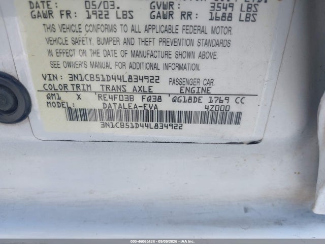 Продаж на аукціоні авто 2004 Nissan Sentra 1.8s, vin: 3N1CB51D44L834922, номер лоту: 46065428