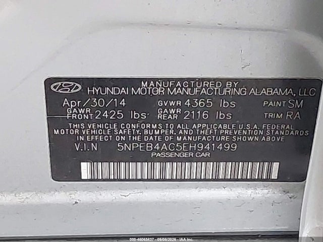Aukcja sprzedaży 2014 Hyundai Sonata Gls, vin: 5NPEB4AC5EH941499, numer aukcji: 46065437