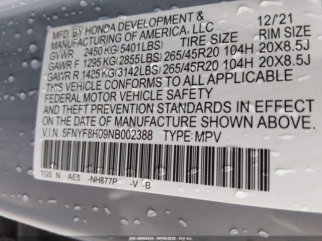 5FNYF8H09NB002388 Honda Passport Awd Elite