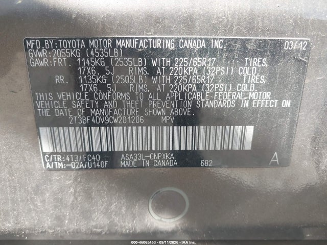 46065453 :رقم المزاد ، 2T3BF4DV9CW201206 vin ، 2012 Toyota Rav4 مزاد بيع