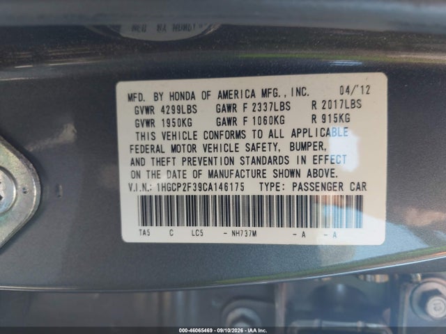 46065469 :رقم المزاد ، 1HGCP2F39CA146175 vin ، 2012 Honda Accord 2.4 Lx مزاد بيع